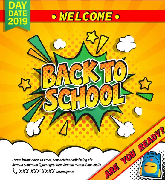 Back School Invitation Banner Hand Drawn Lettering Comic Boom Explosion — Stock Vector