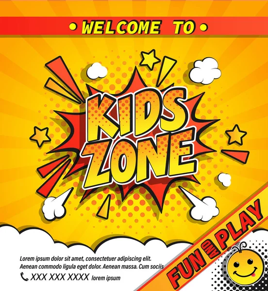 Kids Zone Inbjudan Banner Comic Boom Explosion Bubbla Gula Halvton — Stock vektor