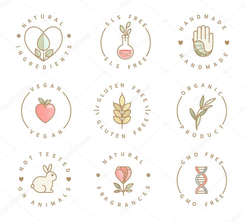 Set of eco product logos, natural organic healthy food and drink icons,labels for restaurant menu, packaging,packing.Healthy lifestyle. Handmade, gluten, sls and gmo free, not tested on animals.Vector