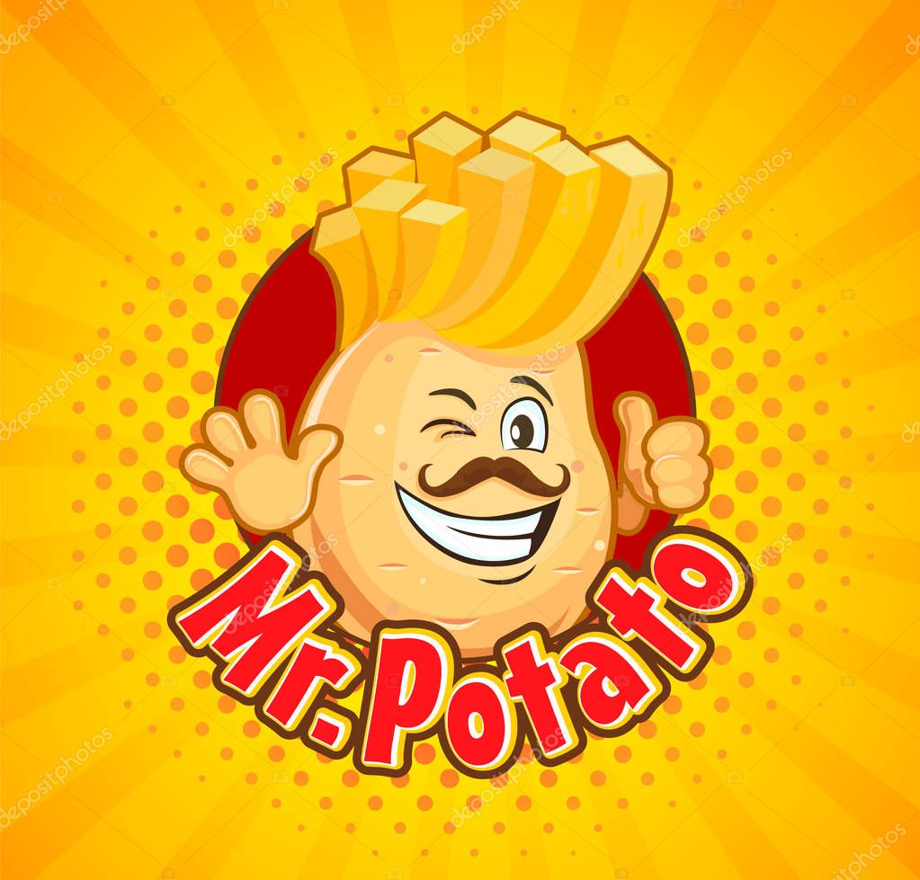 Mr. potato inviting to delicious french fries. Smiled character with hipster hairstyle and thumb up on sunburst halftone background. Vector illustration.