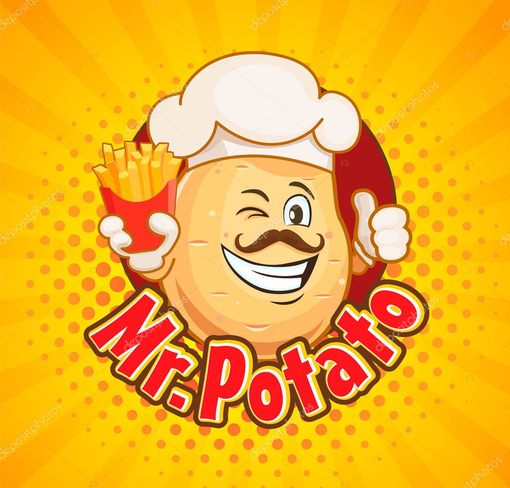 Mr. potato chef with french fries inviting to delicious snack. Smiled character with hipster hairstyle, thumb up and fast food on sunburst halftone background. Vector illustration.