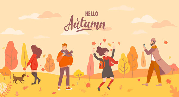 People in the autumn park in different situations.
