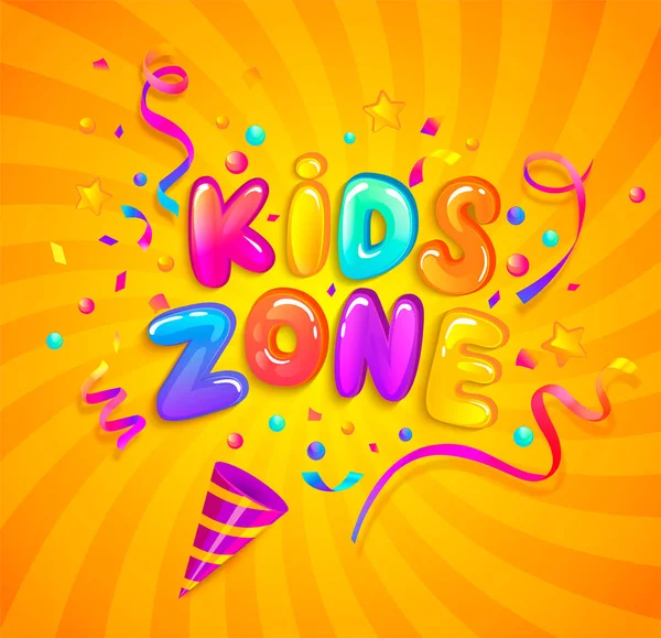 Kids Zone Banner mit Partykracher und Konfetti. — Stockvektor