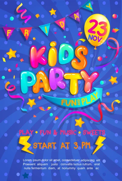 Kids Party Vertikal Banner Med Konfetti Ormglitter För Hälsningar Inbjudningar — Stock vektor