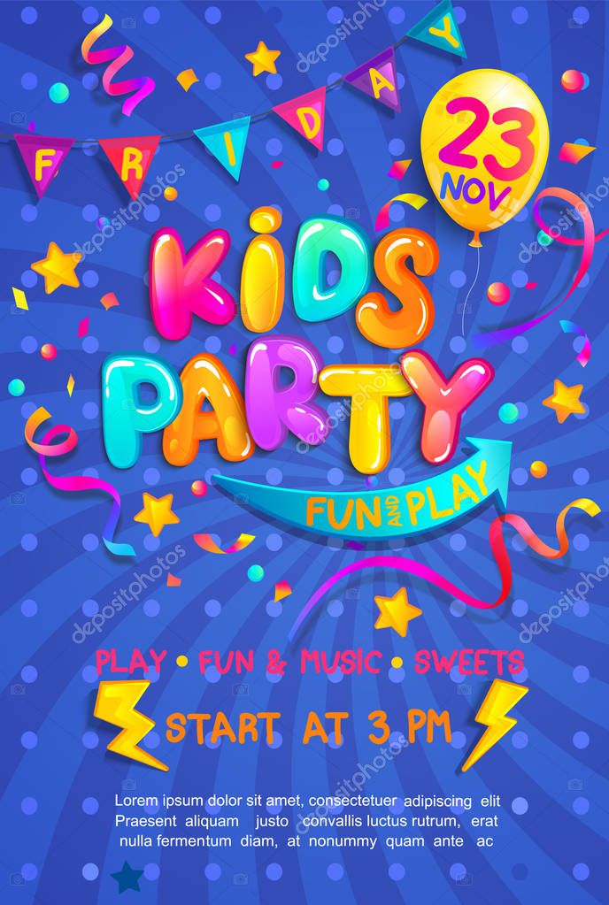 Kids party vertical banner with confetti, serpentine sparkles for greetings, invitations for parties.