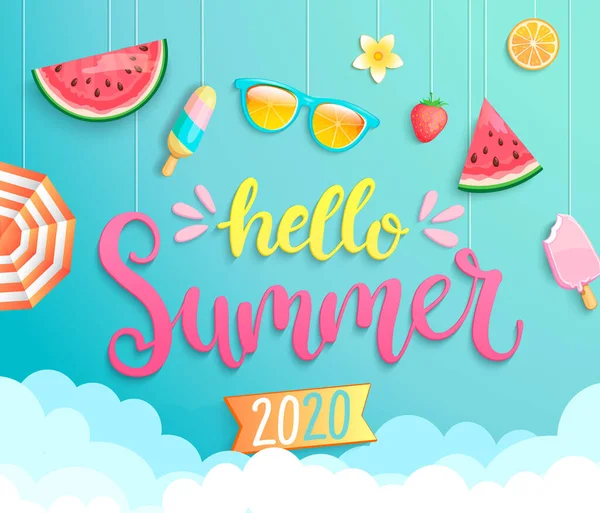 Hola Verano 2020 Saludo Banner Wih Elementos Temporada Caliente Cartel — Vector de stock