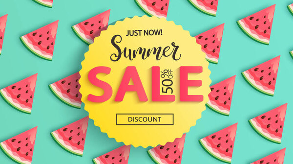 Bright Sale banner for summer 2020 with watermelons.Just now 50 percent discounts in hot season, sweet berries pattern n.Poster, flyer with invitation to shopping.Template for design.Vector Illustration.