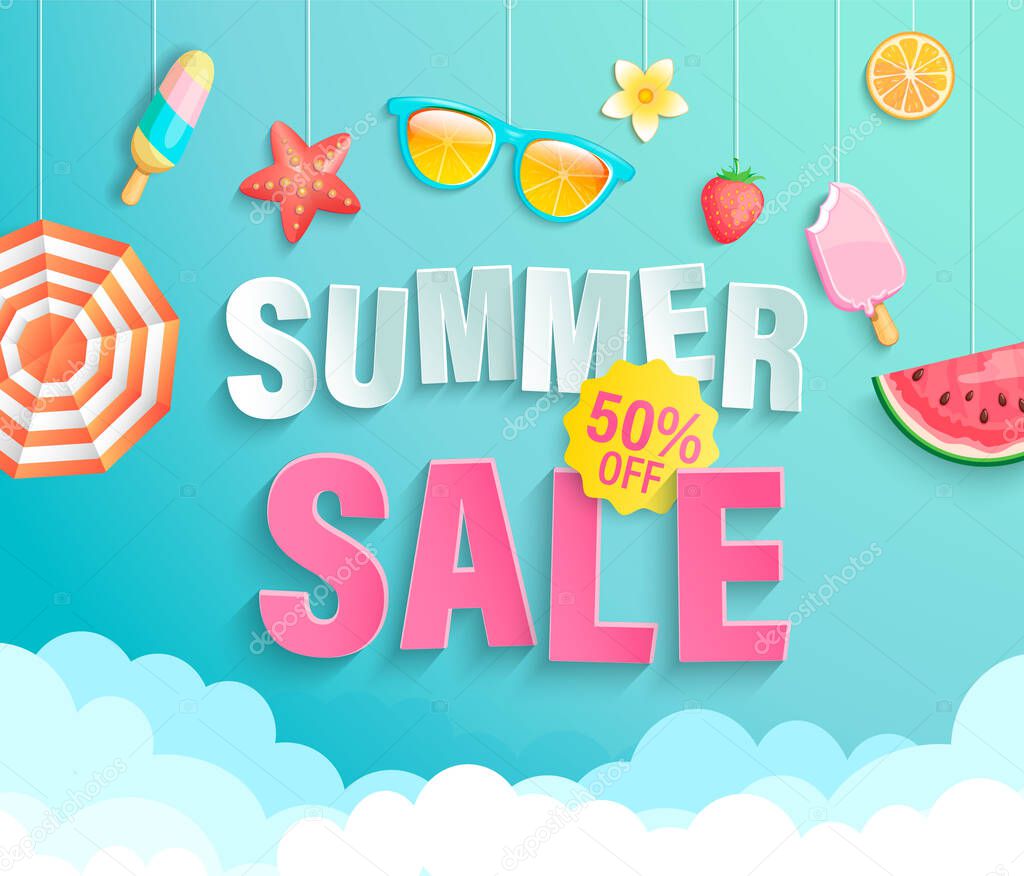 Summer's 2020 sale banner with season elements.Invitation poster with watermelon,ice cream,strawberry and promotion with big discounts hanging above the clouds.Template for design.Vector Illustration.