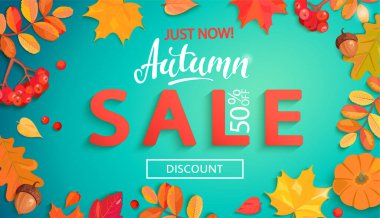 Sonbahar satış afişi sonbahar yaprakları çerçevesinde. Renkli yapraklı büyük indirimler, rowan üzümleri, meşe palamutları, mevsimsel alışveriş promosyonu için balkabağı, web, broşürler. Kartlar için şür, reklam. Vektör illemesi.