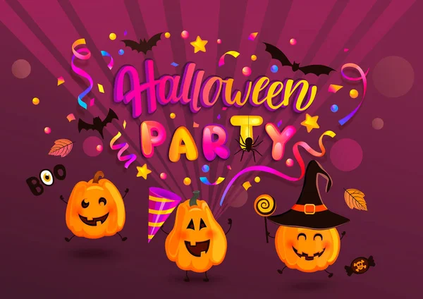 Halloween Party Greeting Banner Kids Happy Holiday Monster Pumpkins Bat — Stock Vector