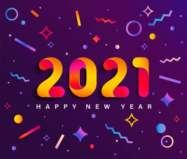 2021 yılbaşı pankartı yeni yılı renklendiriyor. Modern tasarım kartı, geometrik şekilli poster ve mutlu tatiller dilemek. El ilanları, selamlar, davetiyeler için harika. Tebrikler. Uygulama şablonu. Vektör