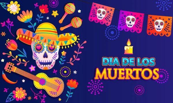 Bright Banner Day Dead Mexican Dia Los Muertos Cartel Con — Vector de stock