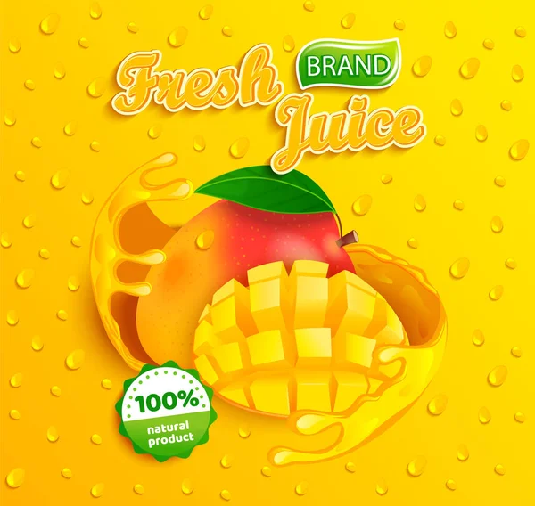 Etiqueta Jugo Mango Fresco Con Salpicadura Alrededor Rebanada Fruta Con — Vector de stock