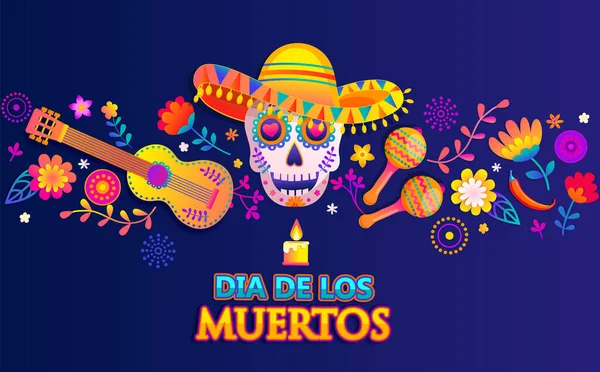 Meksika Dia Los Muertosu Için Yatay Parlak Pankart Renkli Çiçekli — Stok Vektör