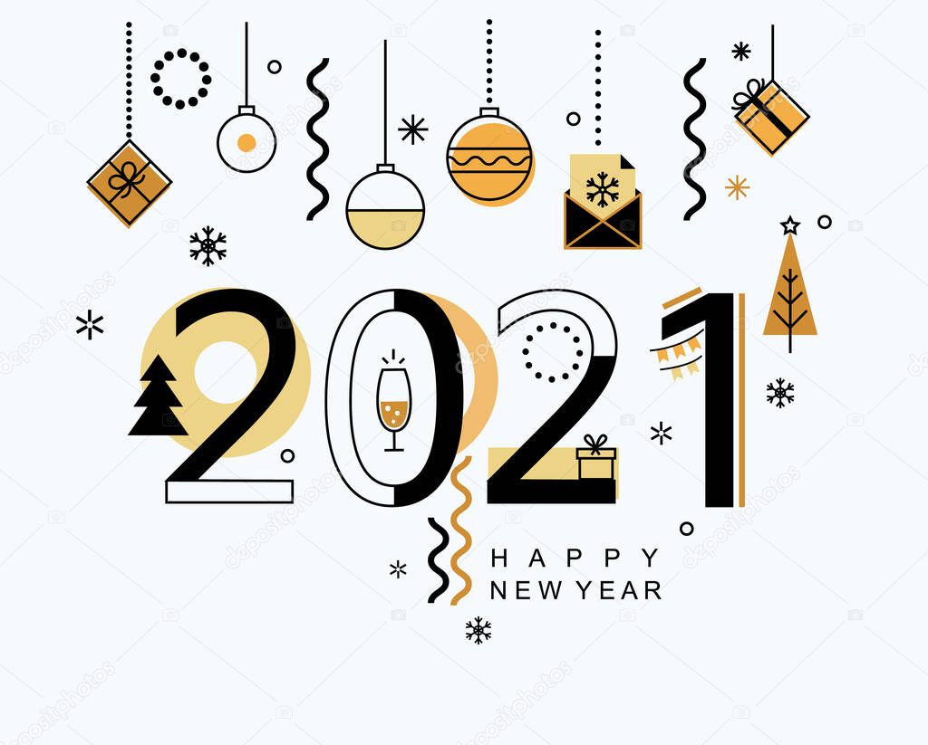 2021 new year banner with gold holiday elements on light background.Modern design card, poster with christmas balls,fur-tree and gifts, wishing happy party.Great for web,invitations, flyers,greetings.