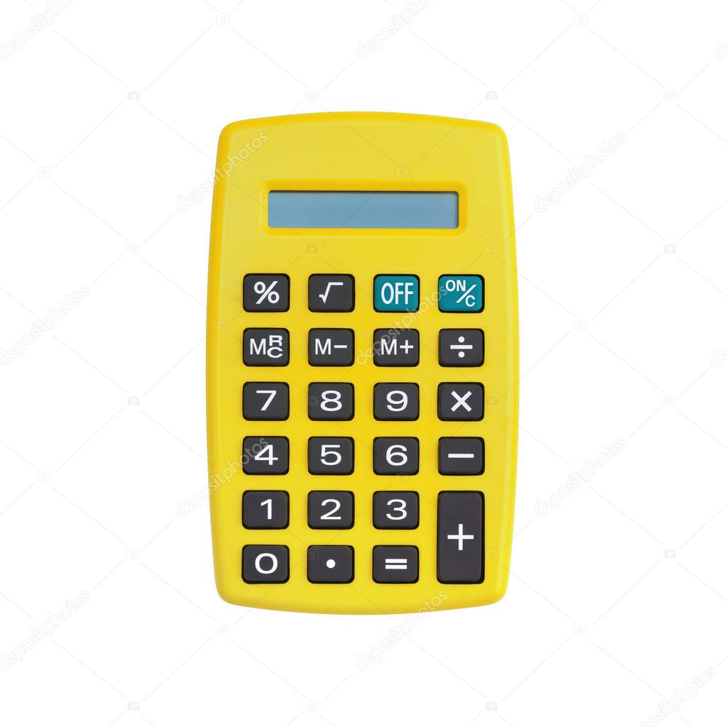 Yellow calculator isolated on white background with clipping path