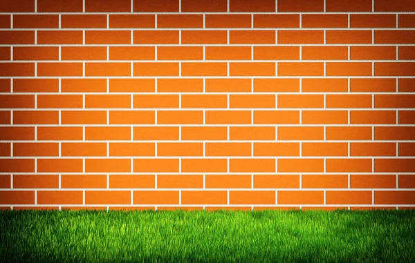 Brick wall and grass background — Stock Photo, Image