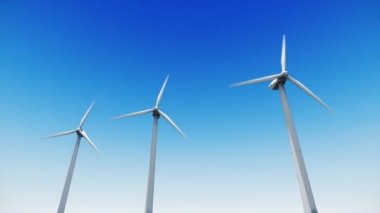 Arka planda mavi gökyüzü ile rüzgar çiftliği. Alternatif yenilenebilir enerji üretimi. Çevre koruma kavramı.