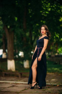 Mavi elbiseli güzel bir kız parkta yürüyor. Güneşli bir gün. Yaz