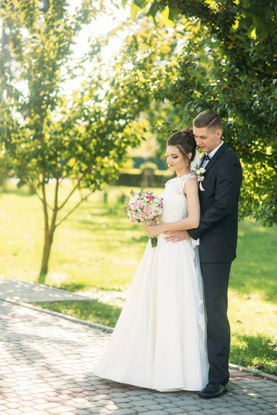 お互いに見とれながら公園を歩いて美しい新婚夫婦 — ストック写真