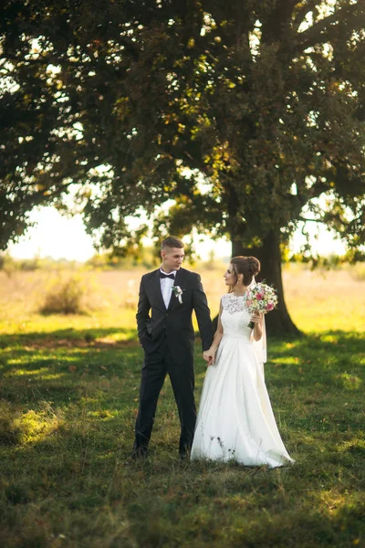 Stilvolles Brautpaar Das Hochzeitstag Mit Blumenstrauß Auf Dem Feld Spaziert — Stockfoto