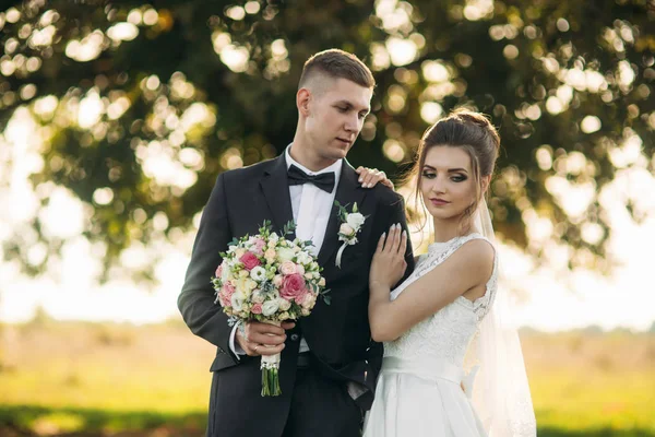 Casal Elegante Recém Casados Felizes Andando Campo Seu Dia Casamento — Fotografia de Stock