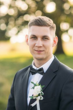 Damat papyon ayarlar. Yakışıklı adam alan büyük ağaç arka planda ortasında ayakta.