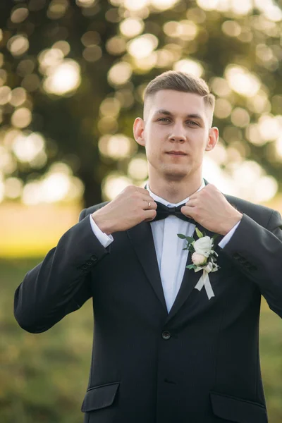 Groom adjusts the bow tie. Handsome man standing in the middle of field in the background of big tree.