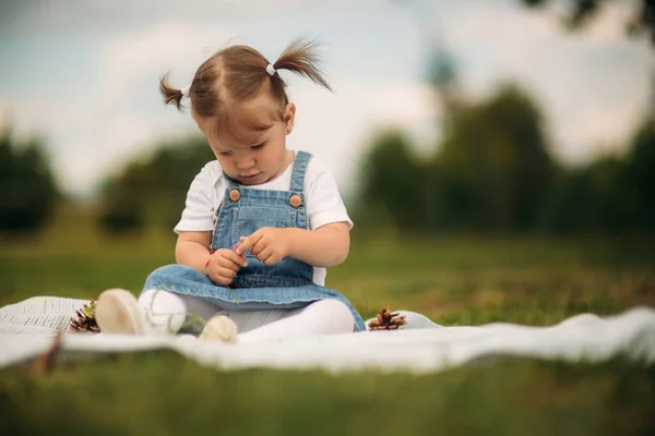 Маленька дівчинка сидить у парку на племені і грає — стокове фото