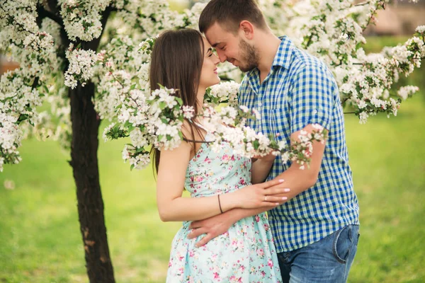 Mladý pár líbání v parku stromy na jaře květ apple — Stock fotografie
