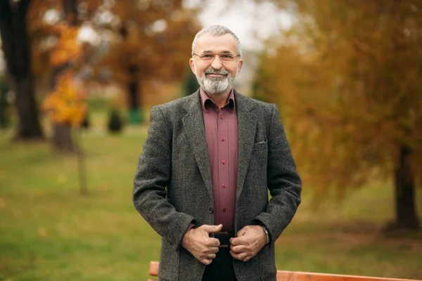 Un buen abuelo con una hermosa barba lleva una chaqueta gris —  Fotos de Stock