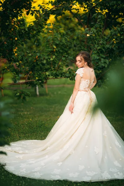 Menina em vestido de noiva. Menina bonita no jardim — Fotografia de Stock