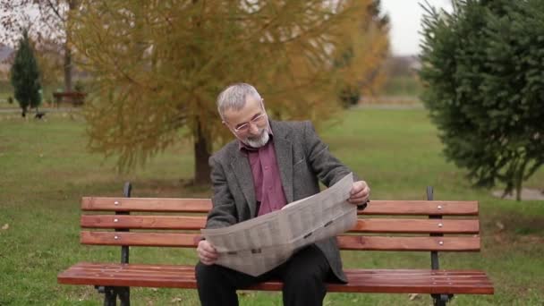 Hermoso abuelo con una hermosa barba en una chaqueta gris se sienta en un banco en el parque y lee un periódico — Vídeos de Stock