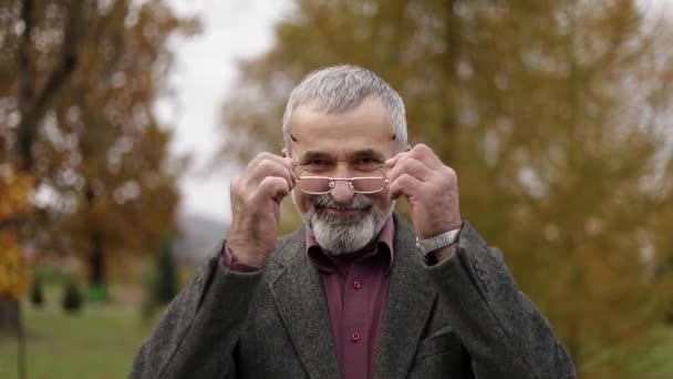 Un hombre mayor guapo con gafas — Vídeos de Stock