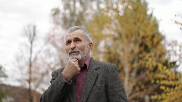 Abuelo mayor en el parque. Agarra su mano cerca de su barba — Vídeos de Stock