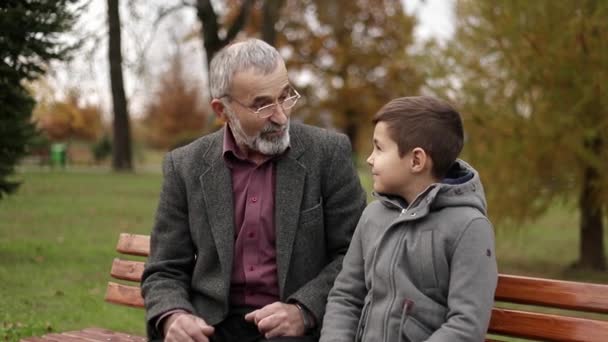 Nagyapa és unokája időt együtt a parkban. Ők ülnek a padon — Stock videók