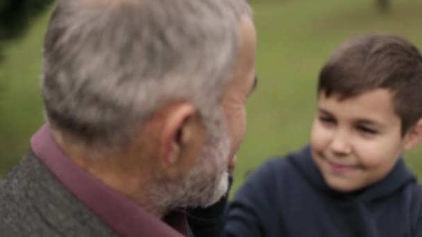 Kleinzoon raakt de mooie baard van zijn grootvader — Stockvideo