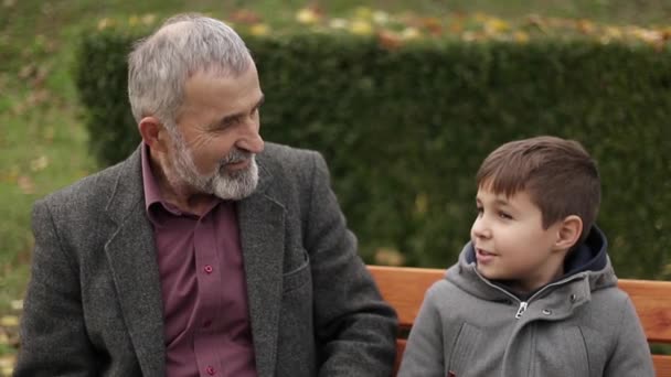 Grandpa and his grandson spend time together in the park. They are sitting on the bench and use the tablet — Stock Video