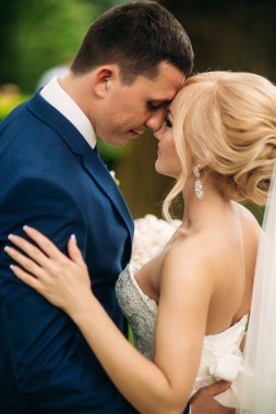 Güzel düğün çifti Park'ta yürüyordunuz. Mutlu yeni evliler