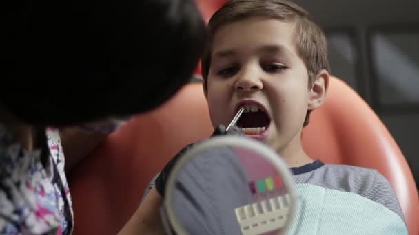 Een jongen bezoekt een tandarts, een vrouw arts behandelt een childs tanden — Stockvideo
