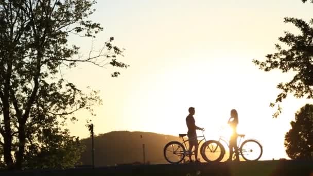 Silhouette d'un couple aimant faisant du vélo le long du front de mer — Video