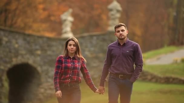 Una coppia amorevole passeggia in autunno nel parco. Una storia d'amore in una soleggiata giornata autunnale. lago e orlo — Video Stock