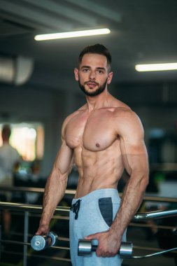 Genç bir atlet spor salonunda eğitiyor. Trians pazı muscules