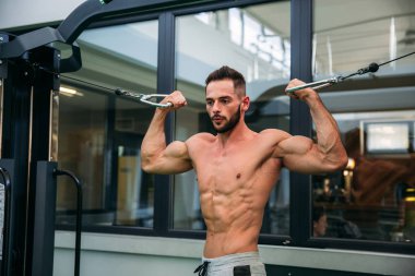 Genç bir atlet spor salonunda eğitiyor. Trians pazı muscules