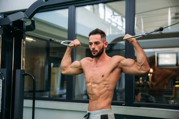 Ένας νεαρός αθλητής προπονείται στο γυμναστήριο. Trians muscules δικέφαλους μυς — Φωτογραφία Αρχείου