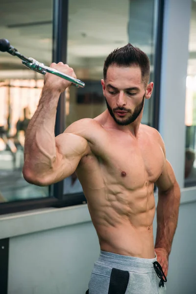 Молодой спортсмен тренируется в спортзале. Двухглавая мускулатура — стоковое фото