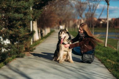 Gülümseyen bir kız ile bir köpek set boyunca yürüyor. Güzel husky köpek