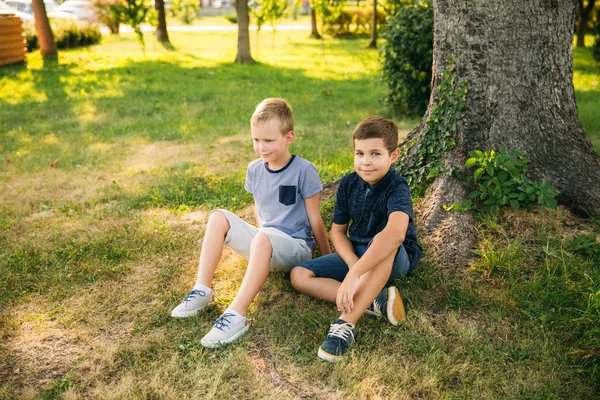 İki erkek tree yakınındaki çimlerin üzerine oturur. Sekiz yıl eski çocuk parkta vakit