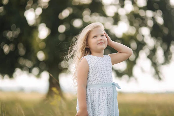 Klein meisje in hemelsblauw jurk staan in het veld voor grote boom — Stockfoto