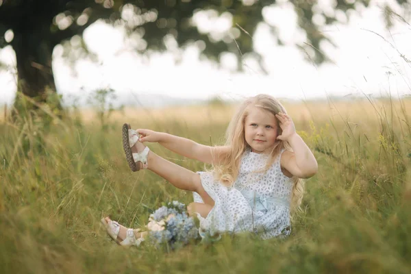 Klein meisje in hemelsblauw jurk met boeket zit in veld voor grote boom. Kind lachen en plezier — Stockfoto
